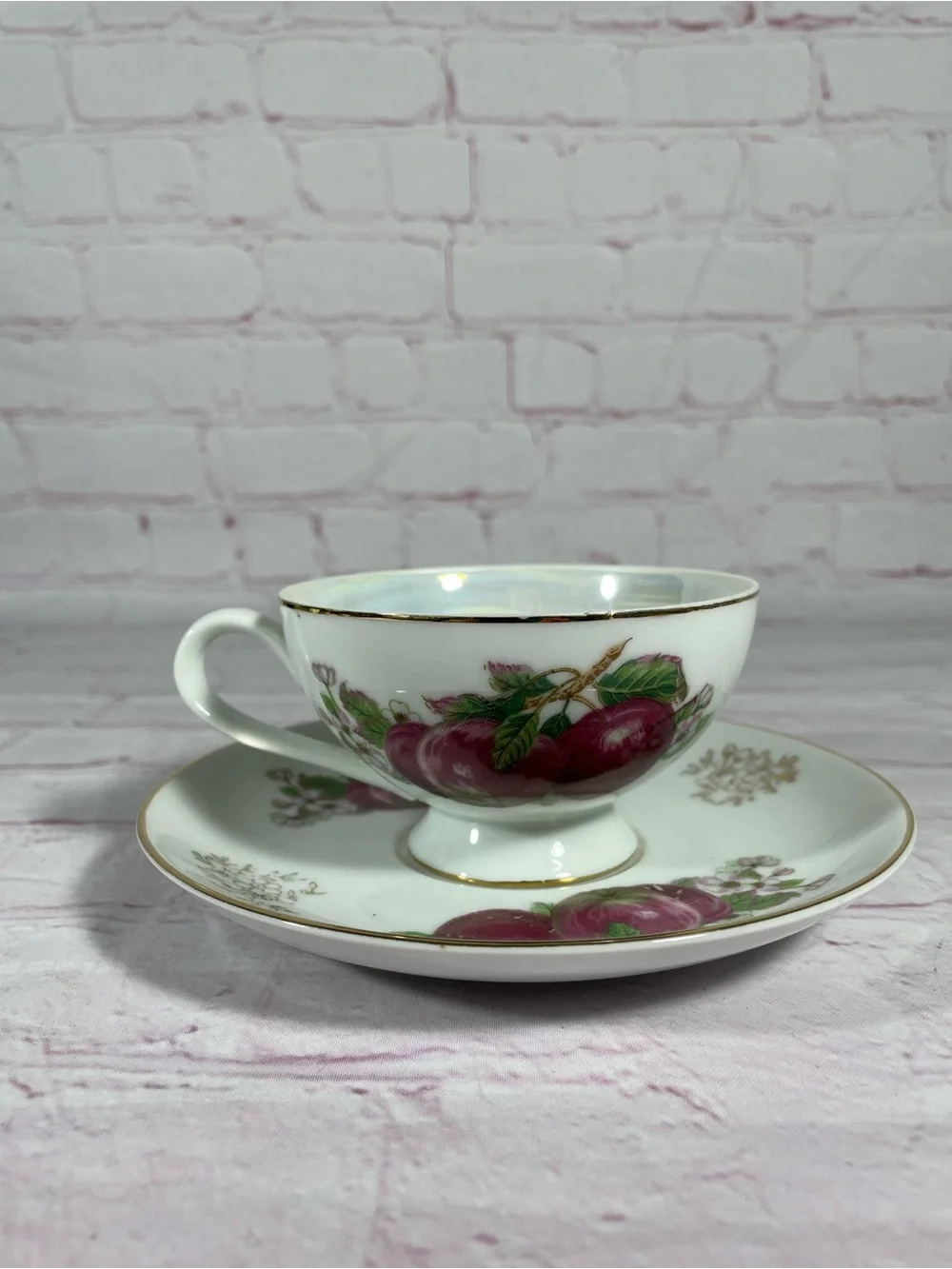 Vintage Plum and Floral Iridescent Footed Teacup and Saucer Set Gold Trim Japan